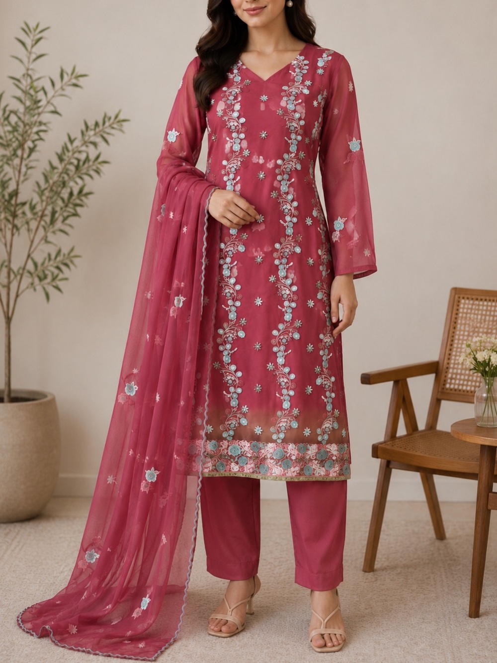 NEW Floral Embroidered Chiffon Shalwar Kameez